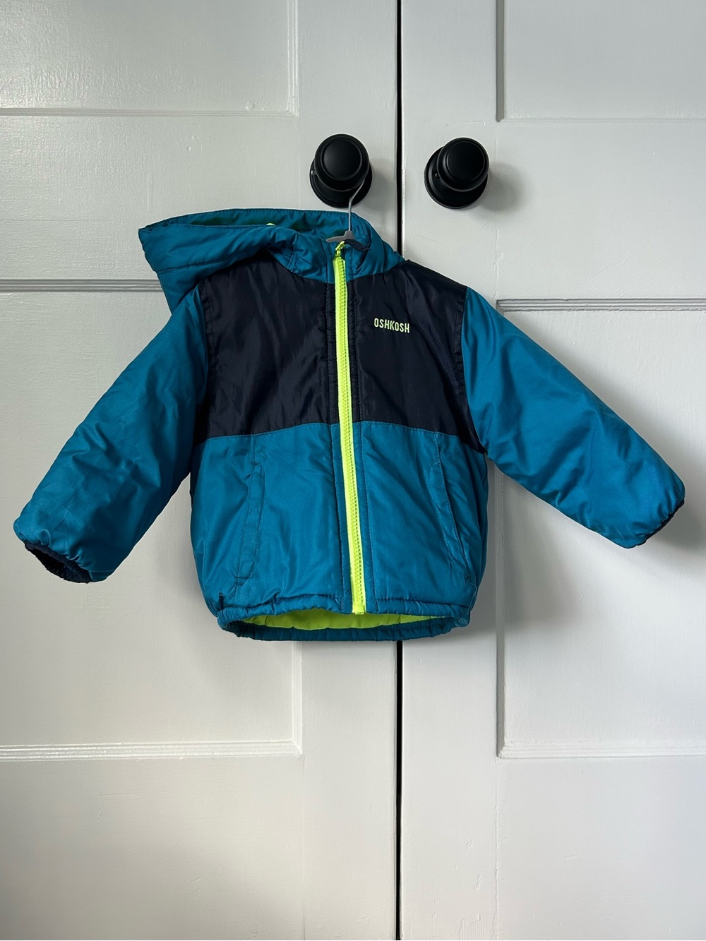 OshKosh B'gosh Colorblock Winter Puffer Jacket Blue w/ Lime Green Zipper 18 Mos